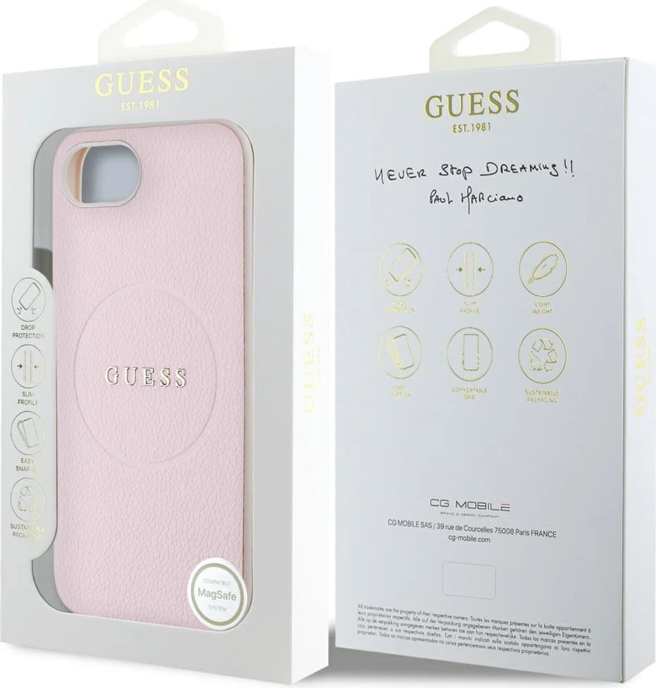 Mbështjellës Guess Grained Ring MagSafe për iPhone 16e, Rozë Mbështjellës Guess Grained Ring MagSafe për iPhone 16e, Rozë