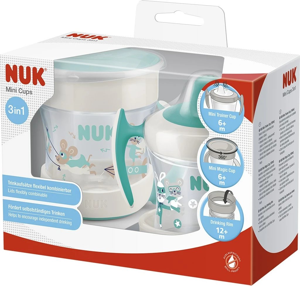 gotë bebe NUK Mini Cups 3‑në‑1 360° me kapak 160 ml, jeshile