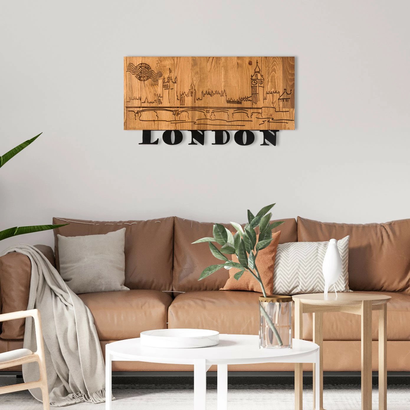 Aksesor dekorativ për mur, dru dhe metal, Wallity, London v2, ngjyrë e zezë dhe arre, 58x30cm