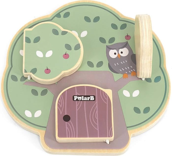 Dërrasë manipulative druri, Viga (PolarB), formë peme, 3 dyer me kafshë, 172x40x252 mm, 12M+, multingjyrëshe