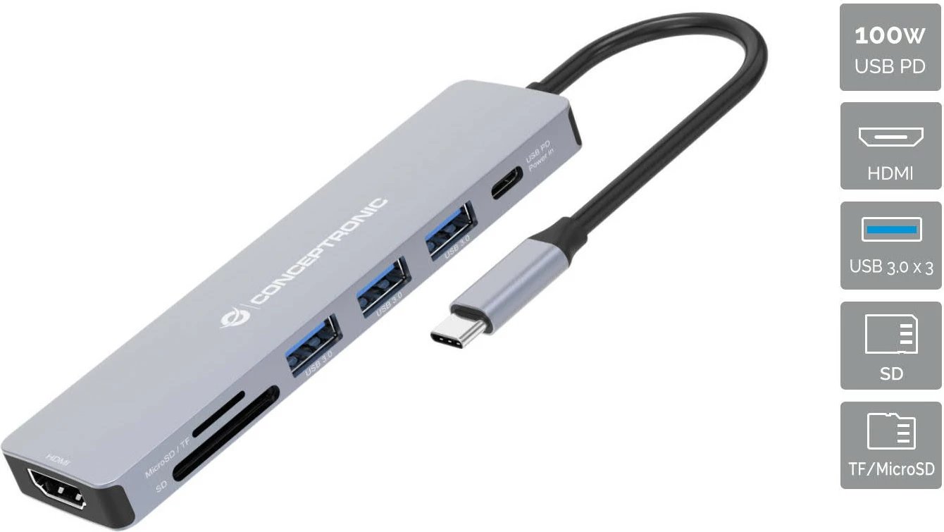 Stacion dokimi Conceptronic 7-1, USB-C në HDMI/3xUSB-A/SD/TF, 25cm, gri