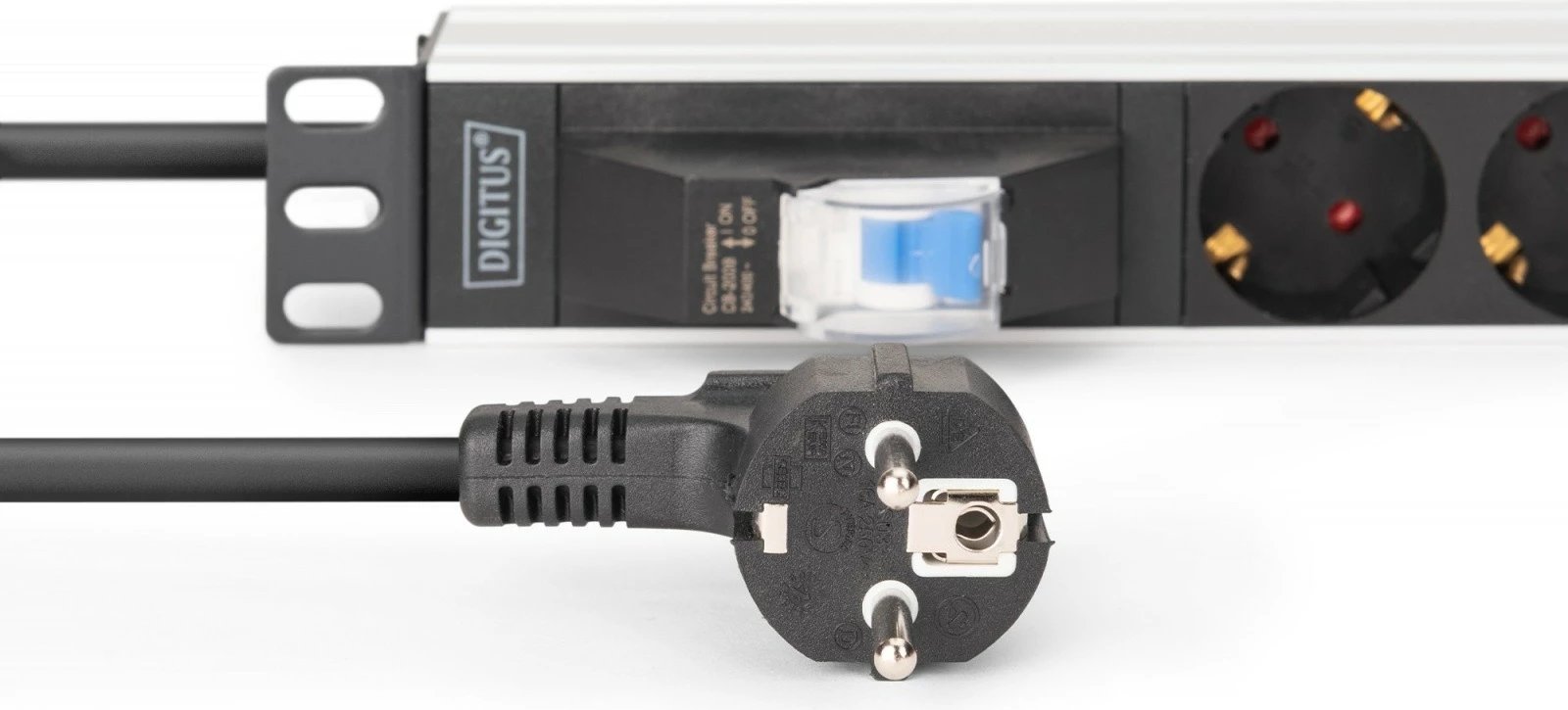 Shirit rryme PDU rack 19", Digitus DN-95439, 7 Schuko, ndërprerës tip C 16A, kabllo 1.8 m CEE 7/7, 4000 W, alumin, zi/argjend