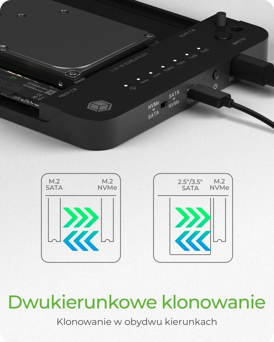 Stacion docking dhe klonimi IcyBox IB-2915MSCL-C31 për SSD/HDD M.2 NVMe, SATA 2.5''/3.5'', i zi