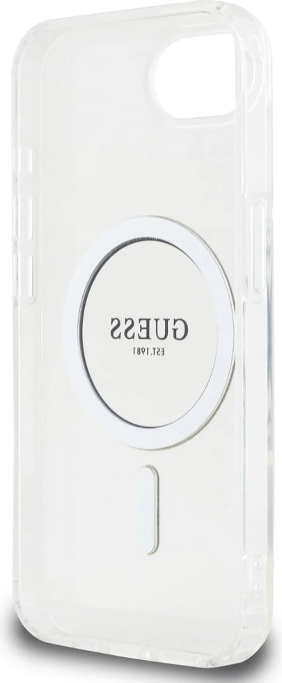 Mbështjellës Guess IML Glitter Circle MagSafe për iPhone 16e, Transparent Mbështjellës Guess IML Glitter Circle MagSafe për iPhone 16e, Transparent