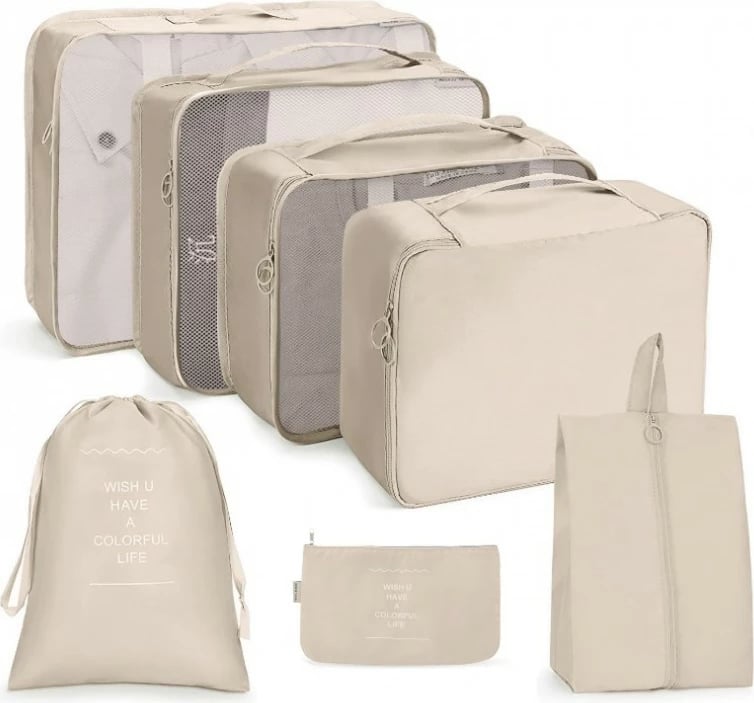 Set çantash kozmetike udhëtimi Ecarla 7 copë bezhë