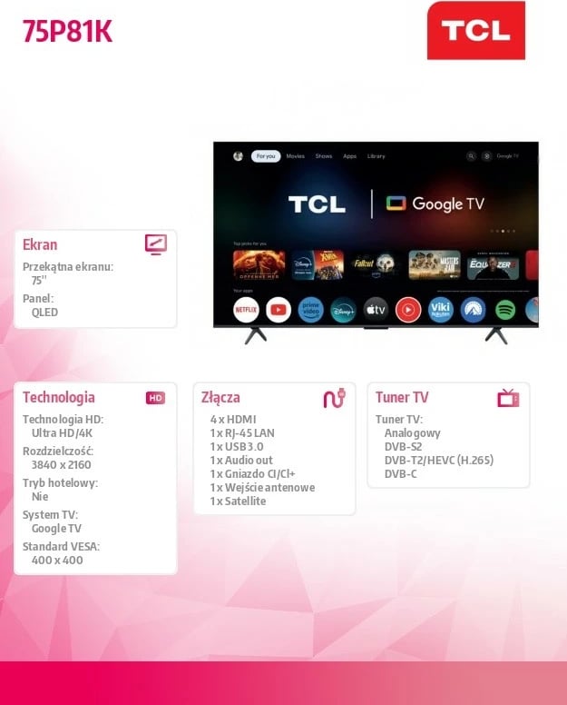 Televizor QLED TCL 75P81K 75'' 4K 144Hz Google TV Dolby Vision Atmos