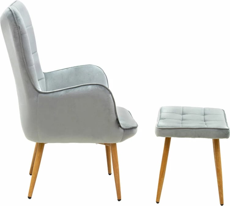 Fotel Maddison me stol këmbësh, kadife gri-natyrale, 68x72x98cm