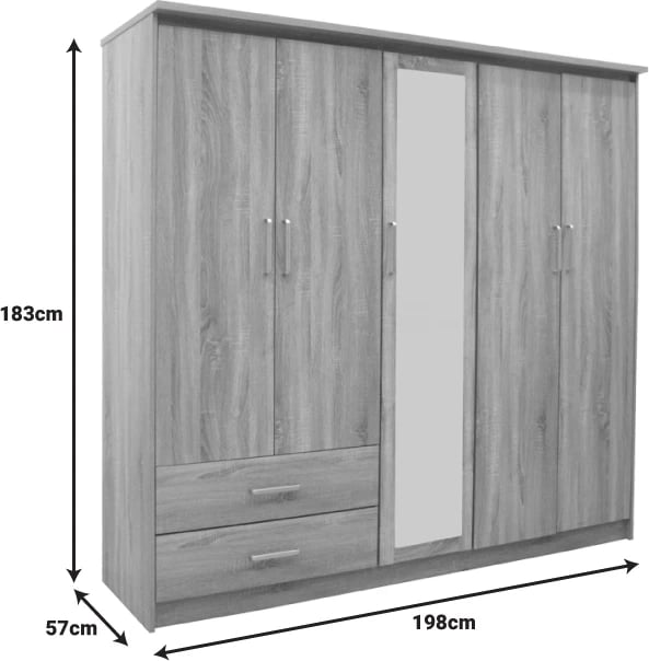 Dollap Olympus me 5 dyer dhe sirtarë+pasqyrë, ngjyrë lisi e çelët, 198x57x183