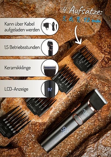 Makinë qethëse Adler AD 2832, teh qeramik/çelik, pa/kabllo, LCD, 1.5 orë punë, turbo, 4 krehra 3–12 mm, e zezë