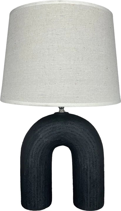 Llambë tavoline Archo, bazë qeramike e zezë-bezhë, abažur liri, D30x45cm