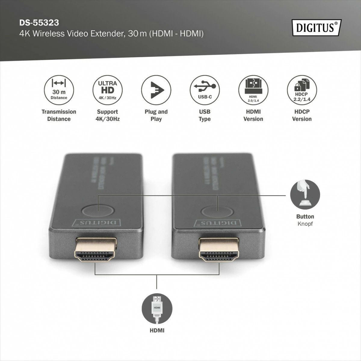 Set wireless HDMI extender Digitus DS-55323, UHD 4K, 30m, i zi/argjendtë