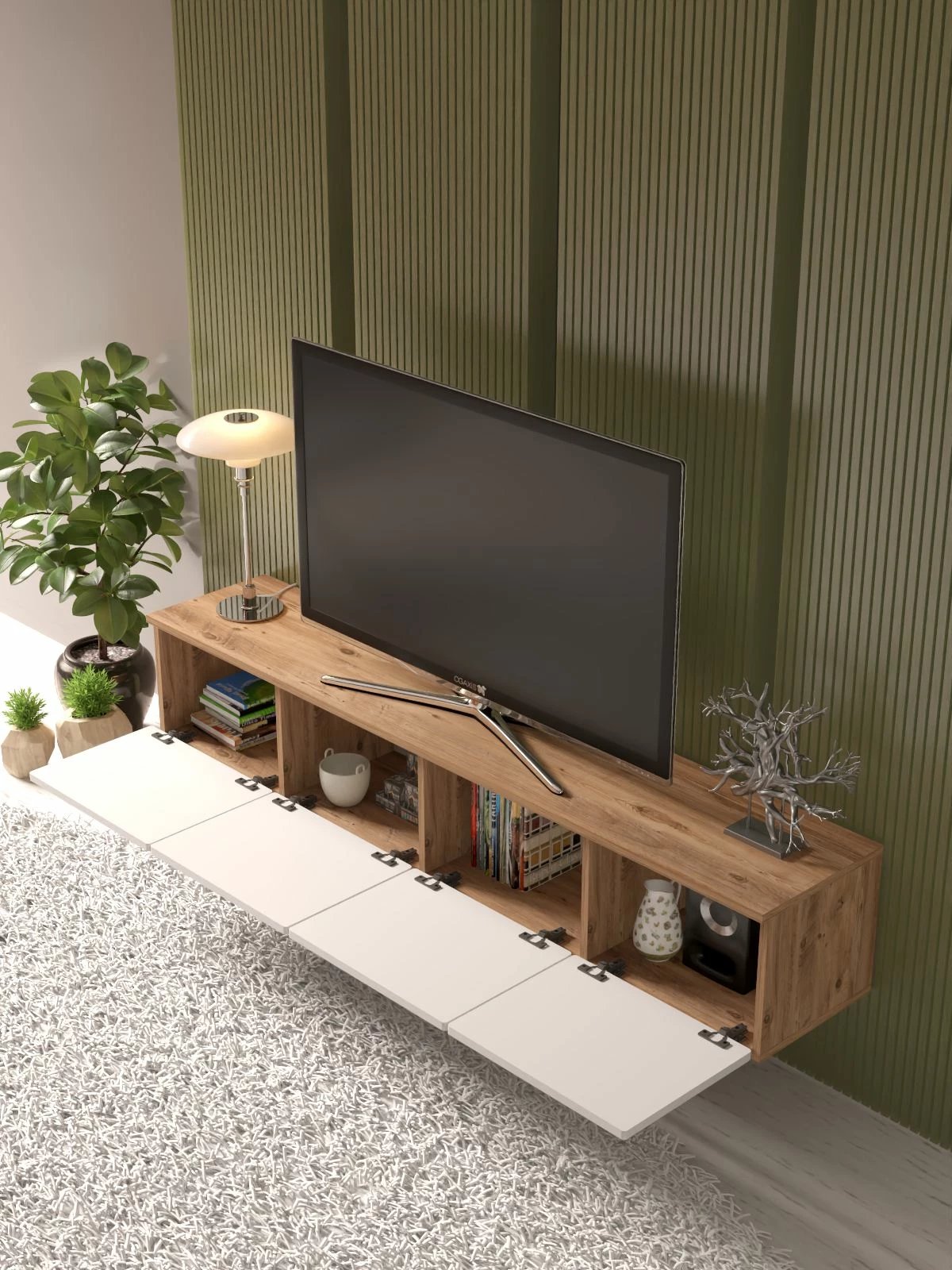 Komodë TV Skye Decor, Norvia 180, ngjyrë pishë Atlantike dhe e bardhë