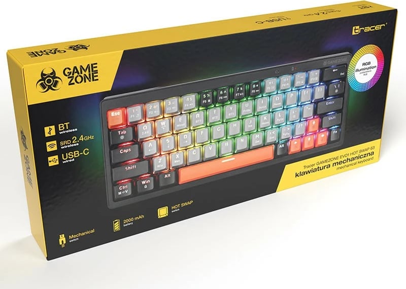 Tastierë mekanike Tracer GAMEZONE EVO1 HOT SWAP 63, 63 taste, hot‑swap, RGB, tri‑mode Bluetooth/2.4G/USB‑C, US QWERTY, gri