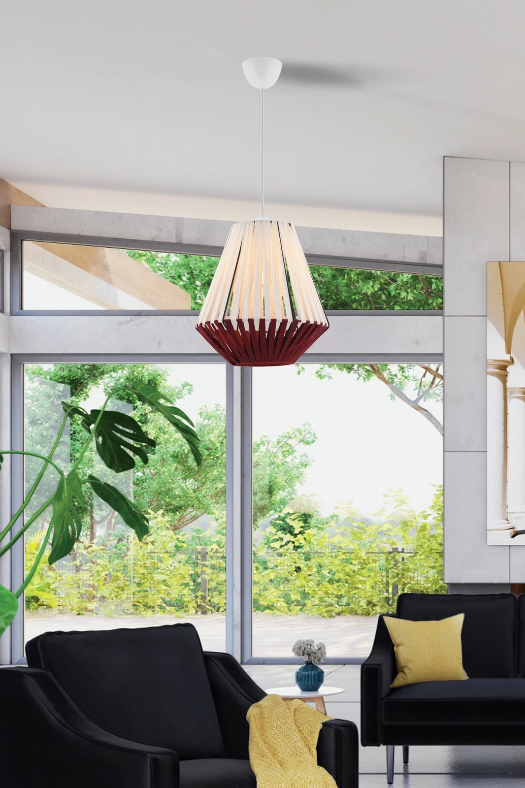 Llambë tavani Opviq, Jani, trup metalik, kapak makrame, e bardhë dhe e kuqe Llambë tavani Opviq, Jani, trup metalik, kapak makrame, e bardhë dhe e kuqe