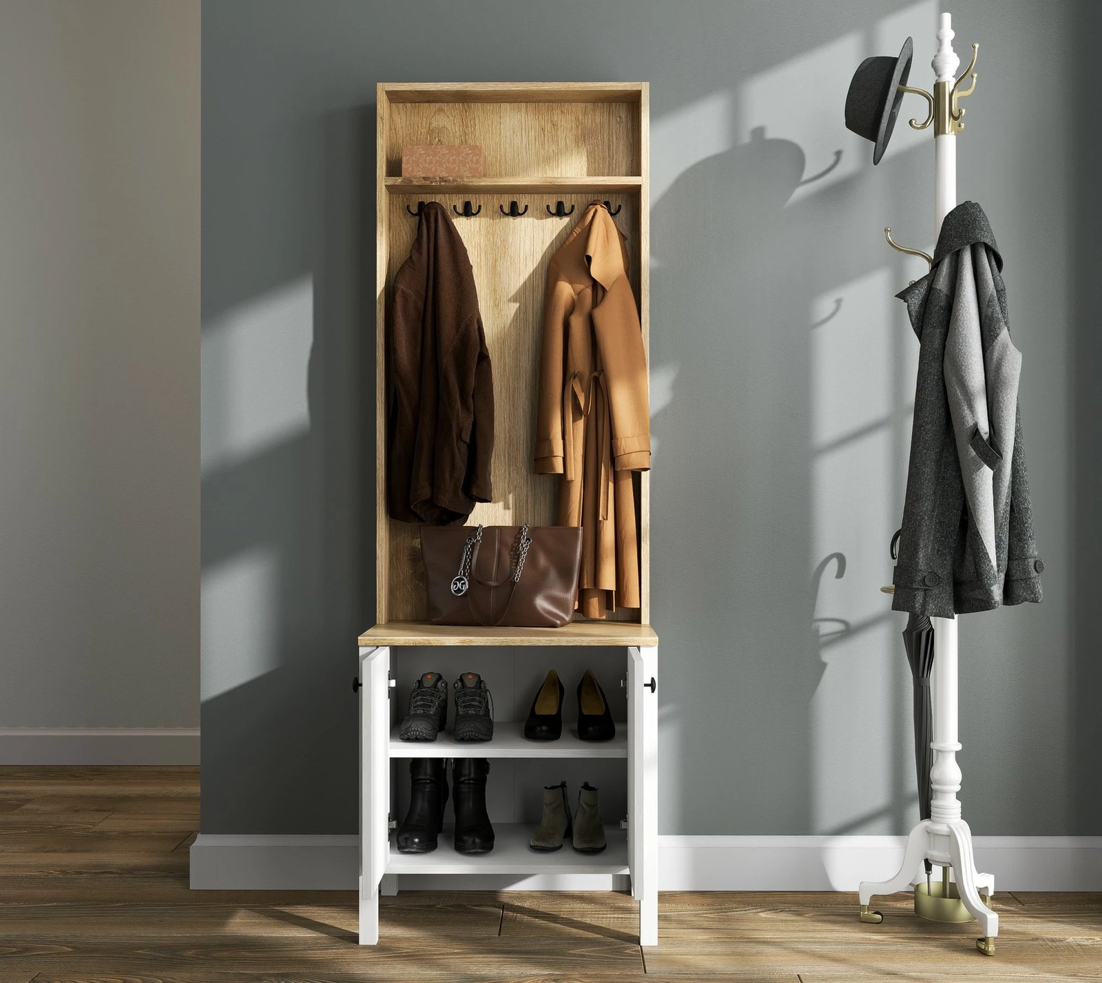 Stendë korridori Hanah Home, FRN-20077, ngjyrë druri dhe e bardhë