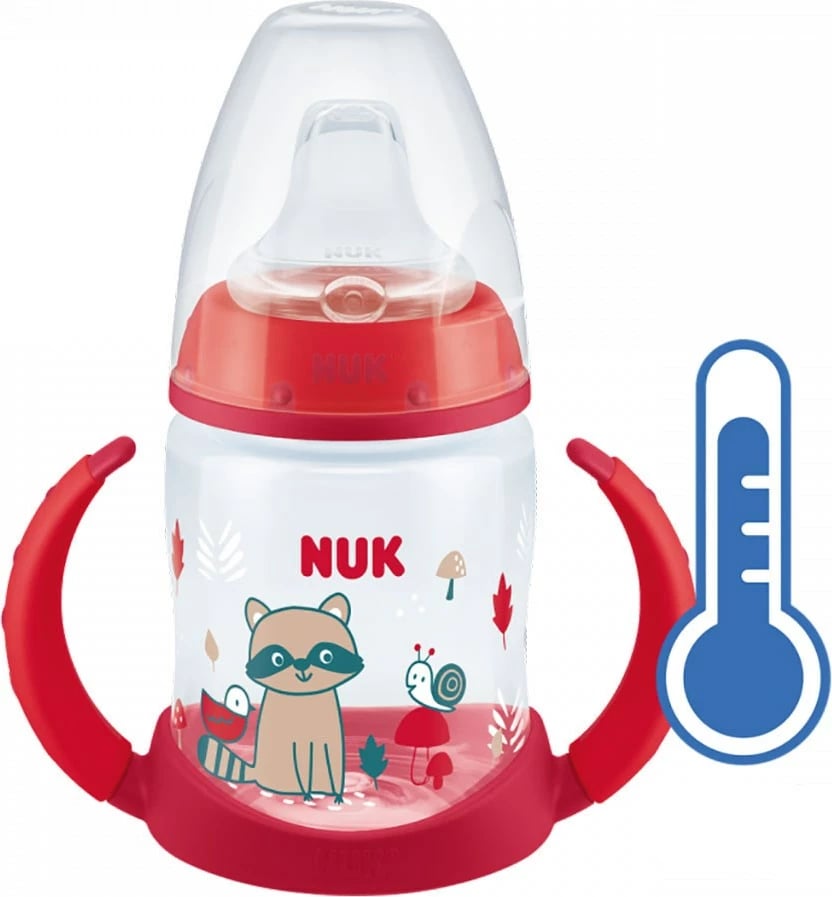 shishe mësimore për bebe, NUK, First Choice, 150 ml, kontroll temperature, e kuqe