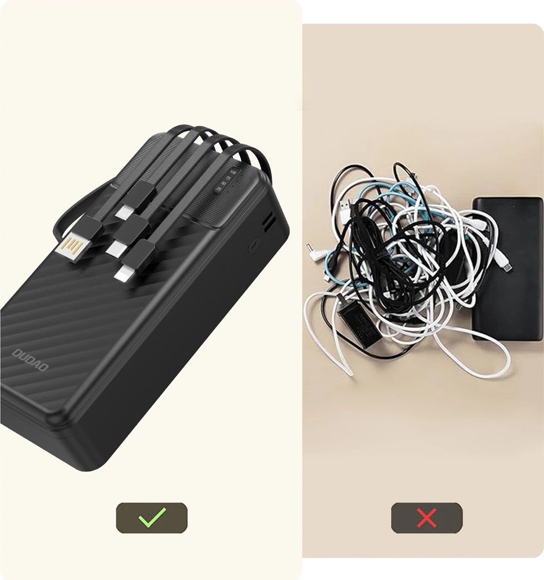 Powerbank Dudao K11 Max, 30000 mAh, me kabllo të integruara, e zezë