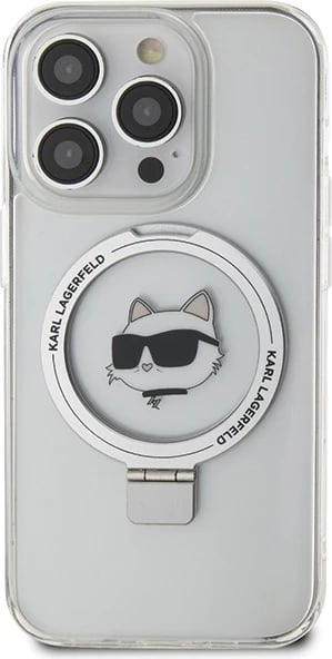 Mbështjellës Karl Lagerfeld Ring Stand Choupette Head MagSafe për iPhone 15 Pro 6.1", Bardhë