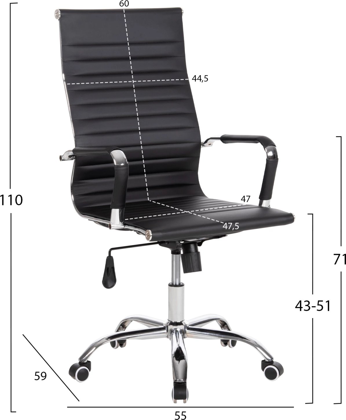 Karrige menaxheri për zyre BOSS FH1059.31, ngjyrë e zezë, PU-metal krom, 54x57x110H cm.