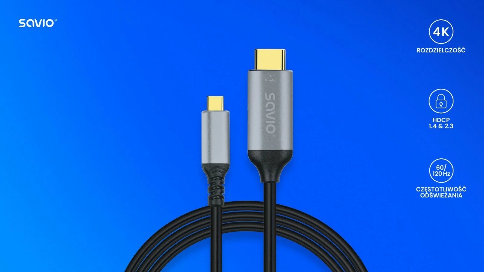 Kabllo USB-C në HDMI Savio CL-184, 3m, Gri