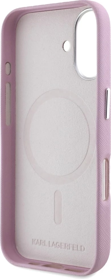 Mbështjellës Karl Lagerfeld Saffiano Full Wrapped Elongated Metal Logo MagSafe për iPhone 16, Rozë