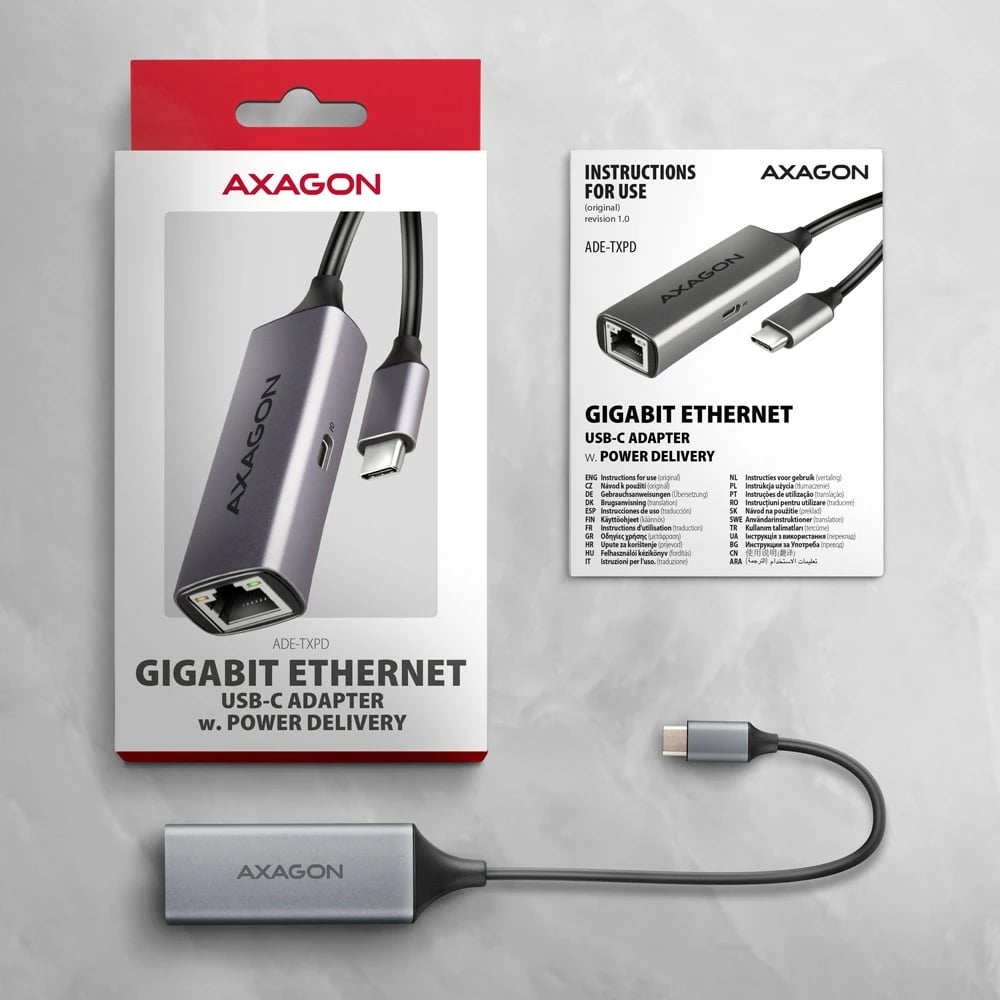 Kartë rrjeti AXAGON ADE-TXPD, USB-C 3.2 Gen 1, Gigabit Ethernet, Power Delivery 100W, Gri