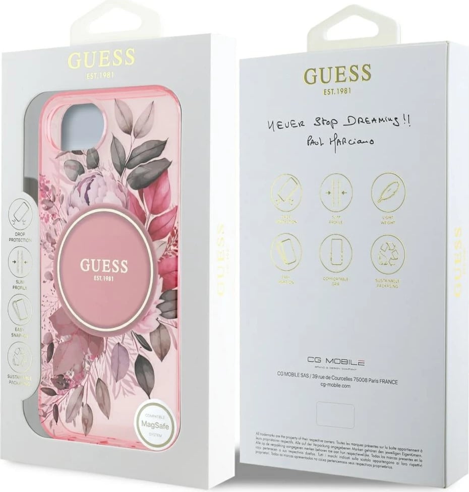 Mbështjellës Guess IML Flowers MagSafe për iPhone 16e, Rozë Mbështjellës Guess IML Flowers MagSafe për iPhone 16e, Rozë