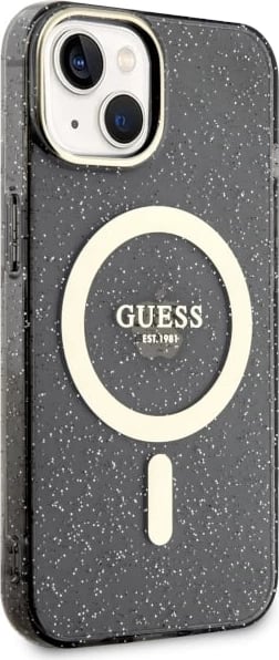 Mbështjellës Guess Glitter Gold MagSafe për iPhone 14, i zi