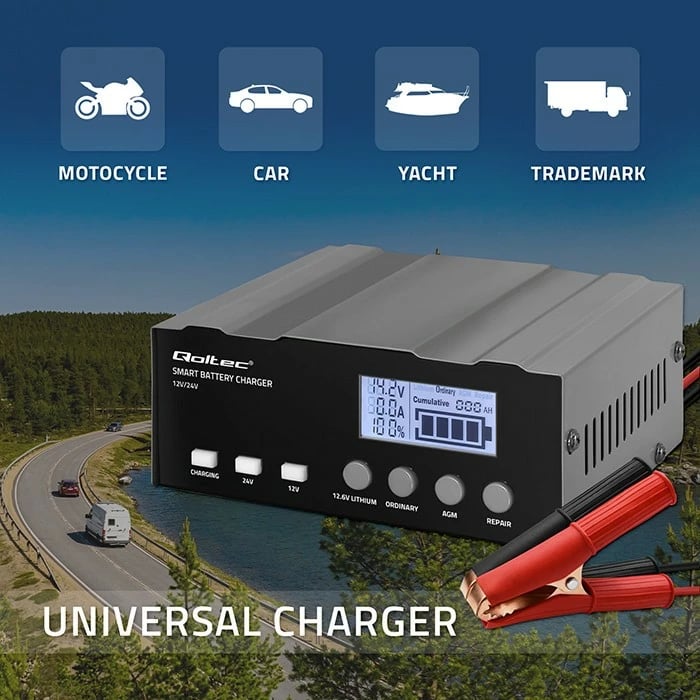 Karikues inteligjent baterie Qoltec 52491, 12V/12.6V/24V, funksion riparimi, LCD, i zi Karikues inteligjent baterie Qoltec 52491, 12V/12.6V/24V, funksion riparimi, LCD, i zi