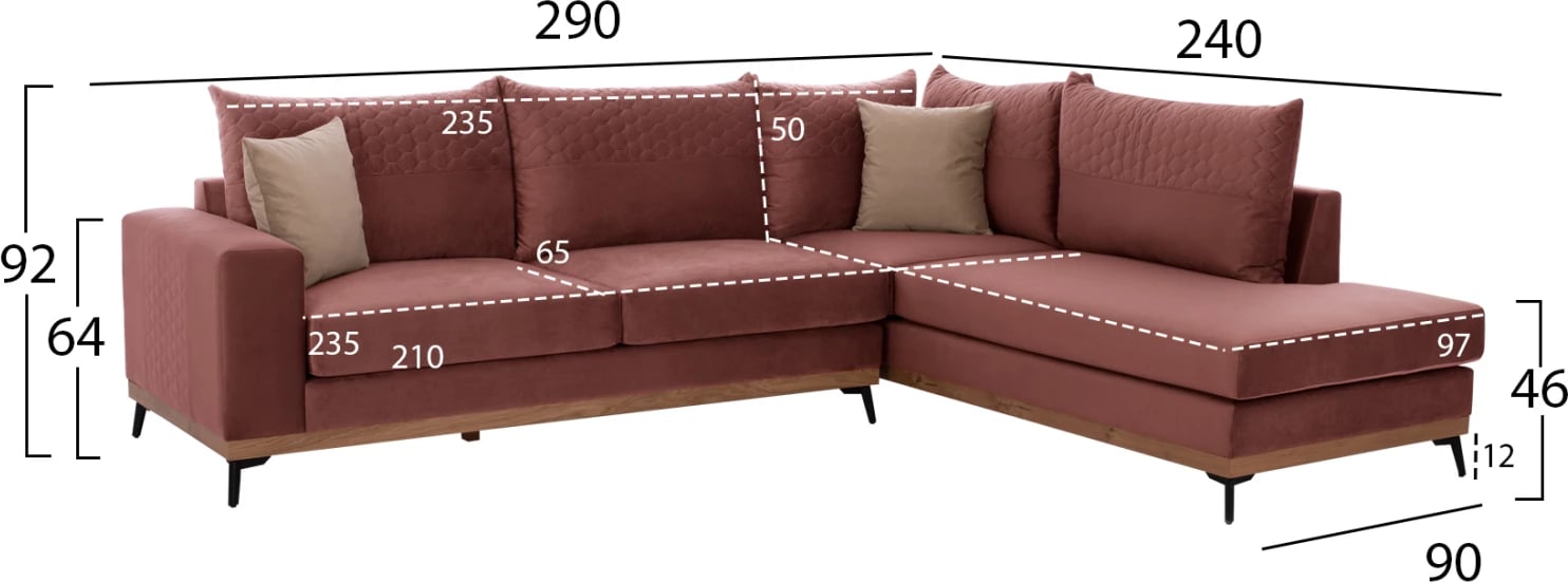 Divan qoshe MESINA, rozë e zbehtë, këmbë të larta, 2 pjesë, qoshe e djathtë