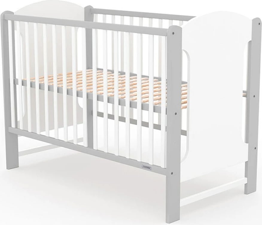 krevat bebe, New Baby, ELSA, 120x60 cm, 3 nivele lartësie, 3 shufra të heqshme, dru pishe, bardhë-gri