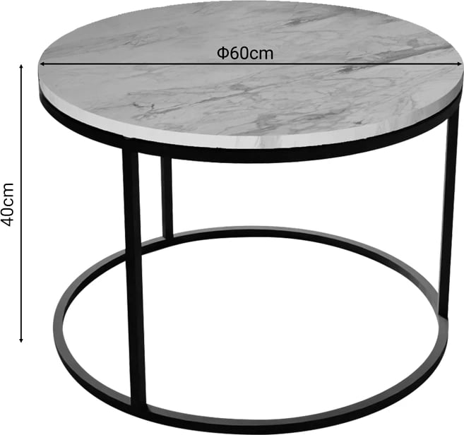 TavoTavolinë kafeje Drion, D60x40cminë kafeje Drion, mermer i bardhë, melaminë-metal i zi, D60x40cm