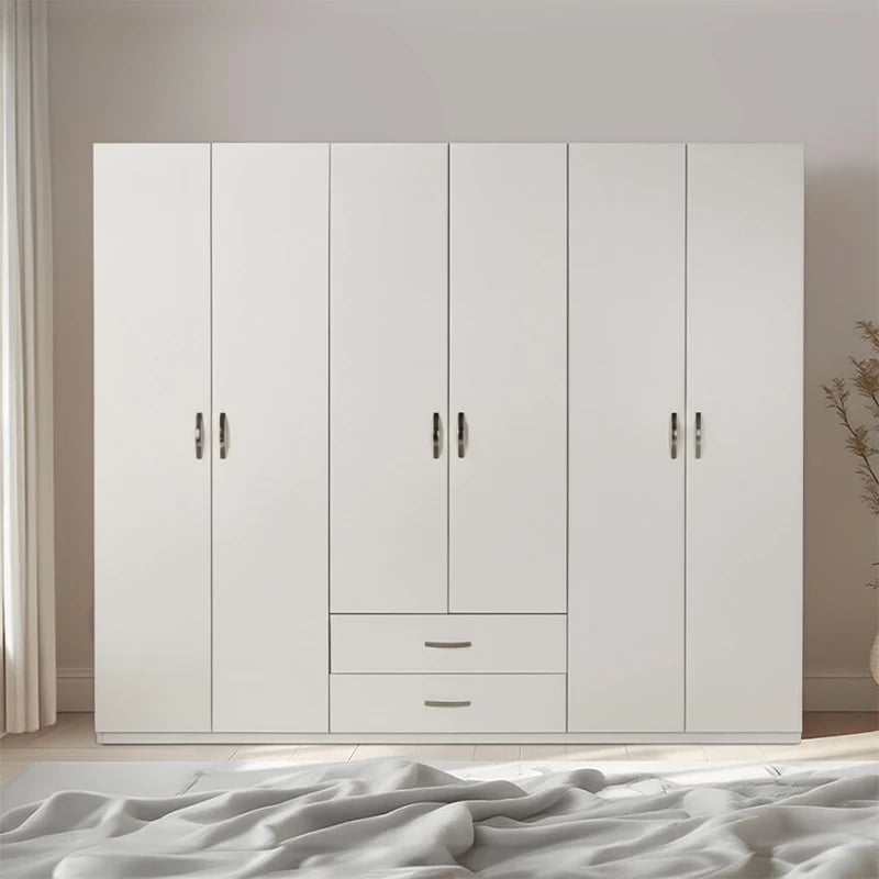 Dollap Dormie me gjashtë dyer, sirtarë, ngjyrë e bardhë, 206x52x213cm