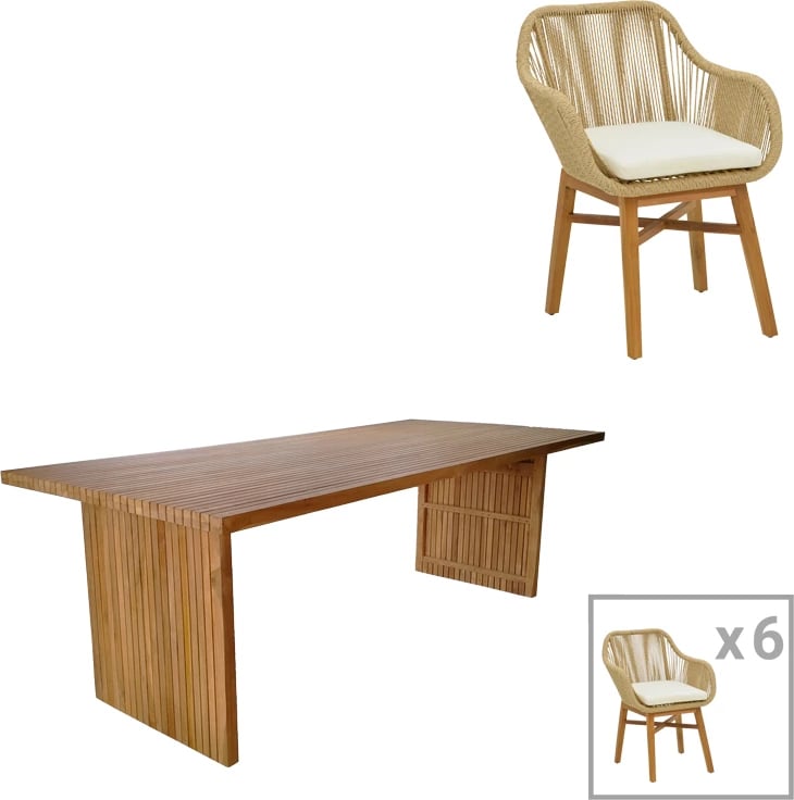 Set tavoline me karrige Kalie-Zibra 7 copë, hije natyrale-bezhë, 220x100x75cm