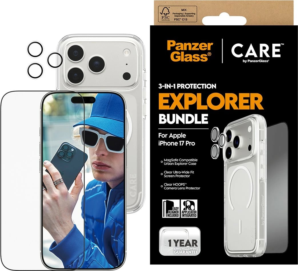Mbështjellës PanzerGlass CARE 3-in-1 Flagship Explorer Bundle për iPhone 17 Pro transparent