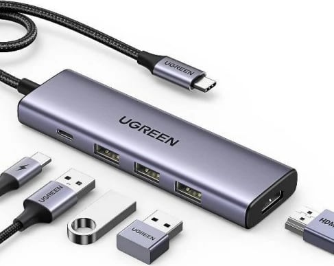 Dock UGREEN 15596 për laptop, 3x USB 3.2 Gen 1 Type-A, 1x USB Type-C, 3x HDMI 2.0, 100W, Alumini