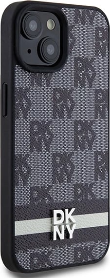 Mbështjellës DKNY Leather Checkered Mono Pattern & Printed Stripes për iPhone 15/14/13, i zi