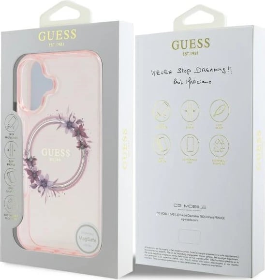 Mbështjellës Guess IML Flowers Wreath MagSafe për iPhone 16, Rozë Mbështjellës Guess IML Flowers Wreath MagSafe për iPhone 16, Rozë