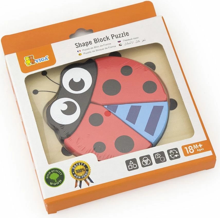 Puzzle druri, Viga, Ladybug, 4 pjesë, 18+ muaj, 145x145x18 mm, shumëngjyrëshe