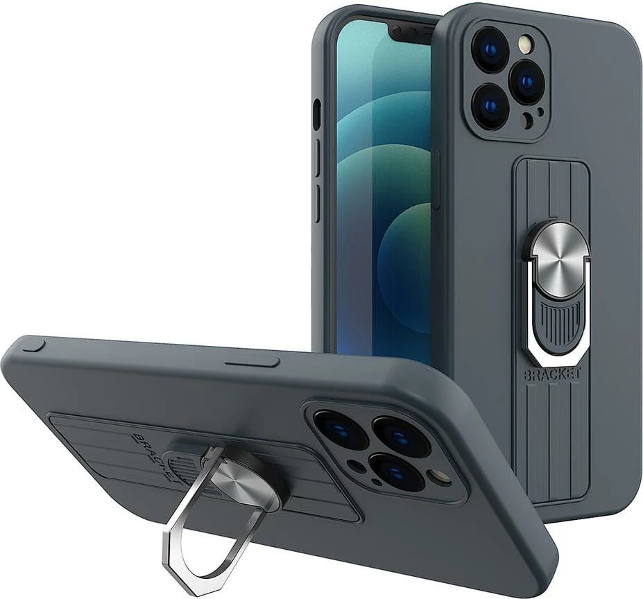 Mbështjellës silikoni Hurtel Ring Case me mbajtëse gishti dhe stand për Samsung Galaxy A42 5G, kaltër e errët