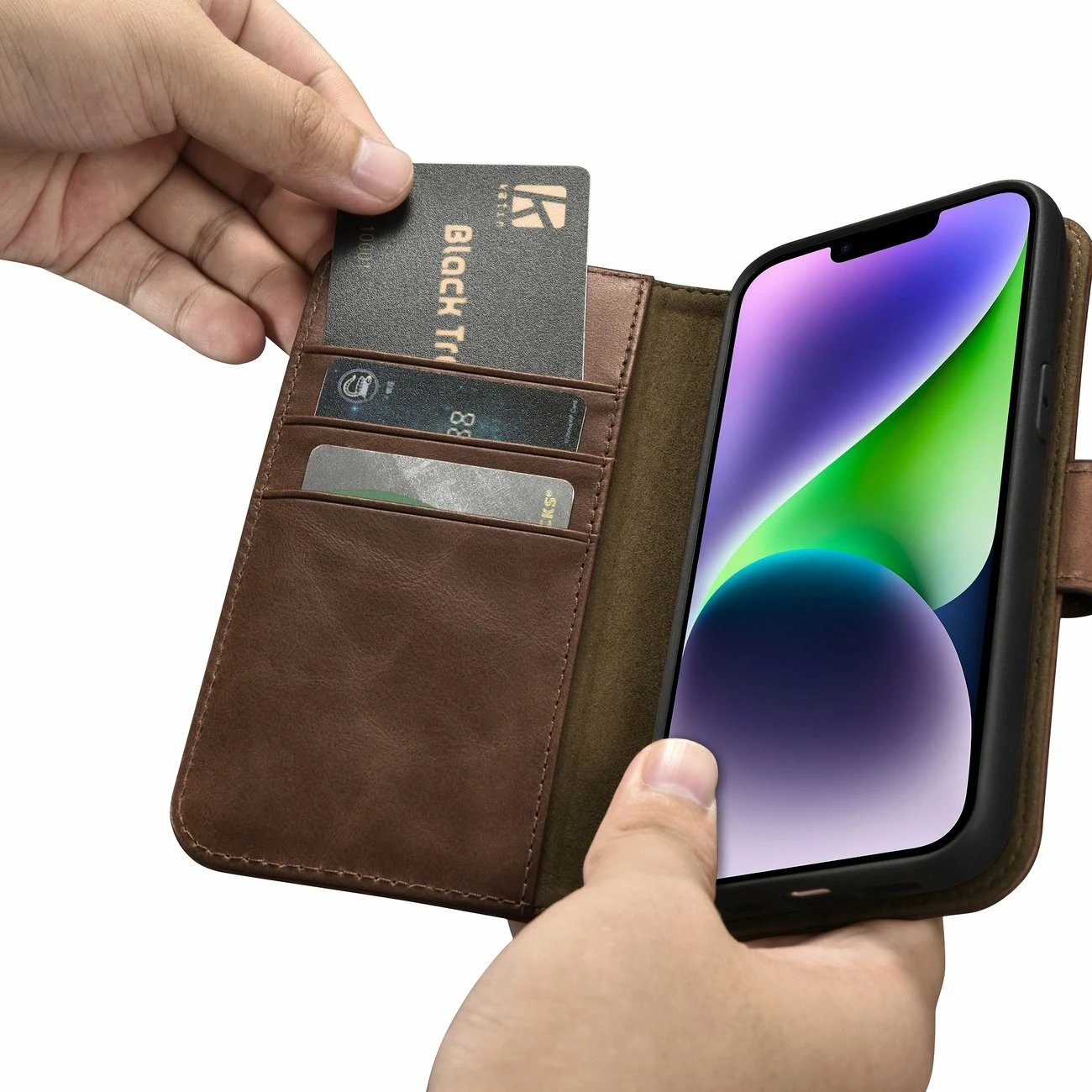 Mbështjellës iCarer Oil Wax Wallet 2in1 për iPhone 14, lëkurë natyrale, Anti-RFID, Kafe