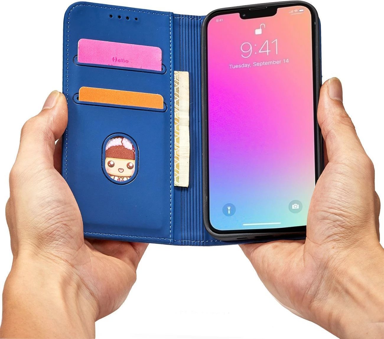 Mbështjellës magnetik për celular Hurtel Magnet Card Case për iPhone 13 Pro, me portofol dhe qëndrim, kaltër