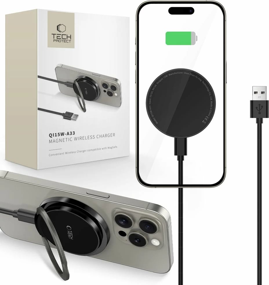 Karikues wireless Tech-Protect QI15W-A33 me MagSafe dhe stand, 15W, me kabllo USB-A/USB-C, zi