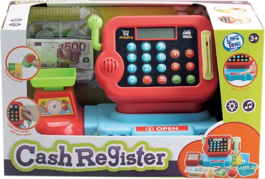 Kasë lodër për fëmijë ASKATO 121741, me skaner, peshore dhe para, Blu/Gjelbër/E kuqe