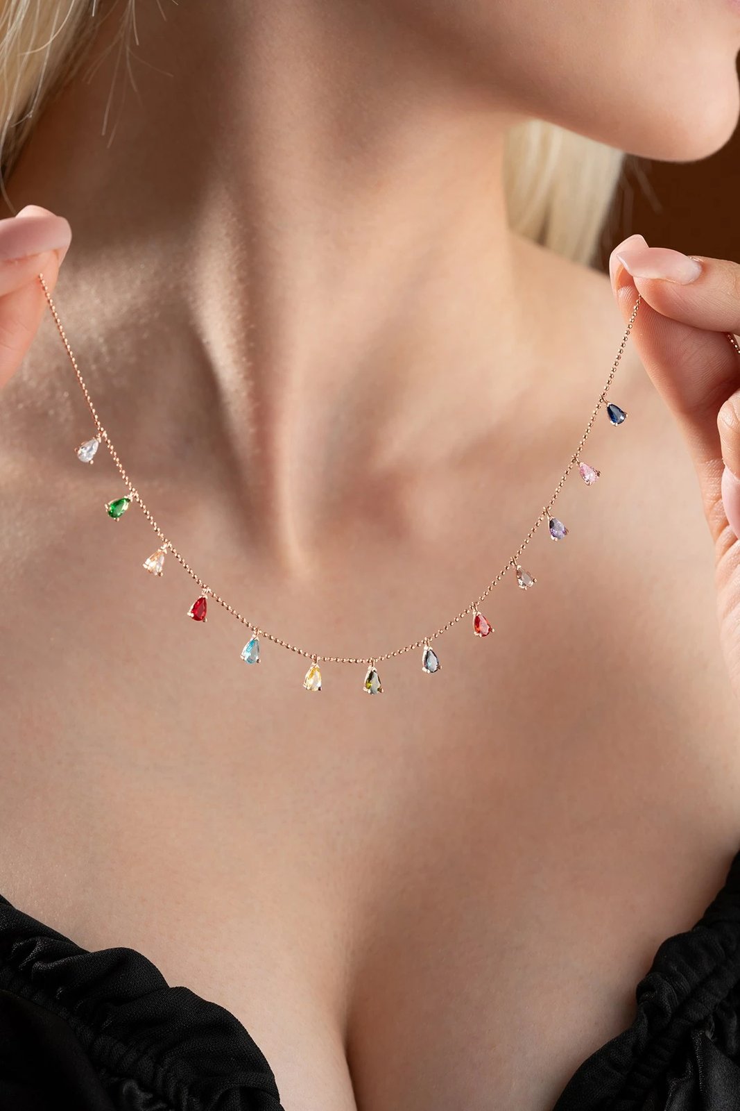 Qafore argjendi, ngjyrë rozë e artë, gurë shumëngjyrësh, Jumeon NRZ1091