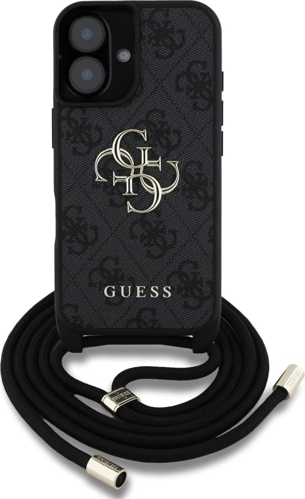 Mbështjellës Guess 4G Big Logo Cord Stap Crossbody për iPhone 16 Plus, i zi