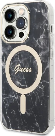 Set mbështjellës Guess Marble Collection me karikues wireless MagSafe për iPhone 14 Pro Max, 6.7", zi/artë