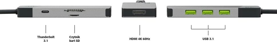 Hub adapter Green Cell HUBGC01, 3xUSB 3.1, HDMI 4K 60Hz, USB-C PD 85W, zi/argjendtë