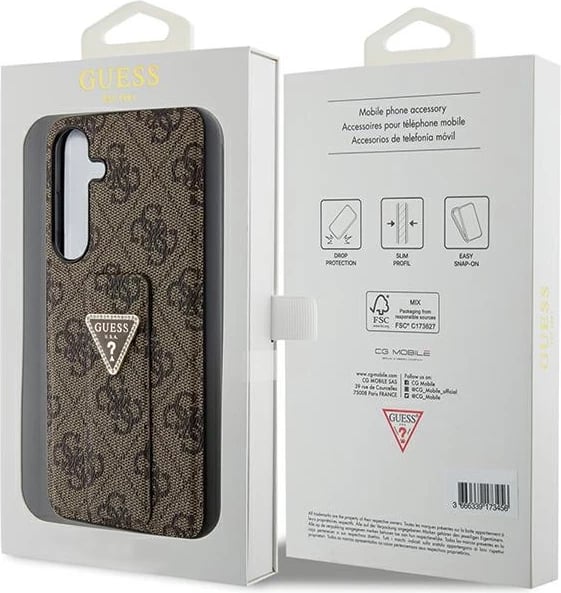 Mbështjellës Guess Grip Stand 4G Triangle Strass për Samsung Galaxy S24, kafe/artë