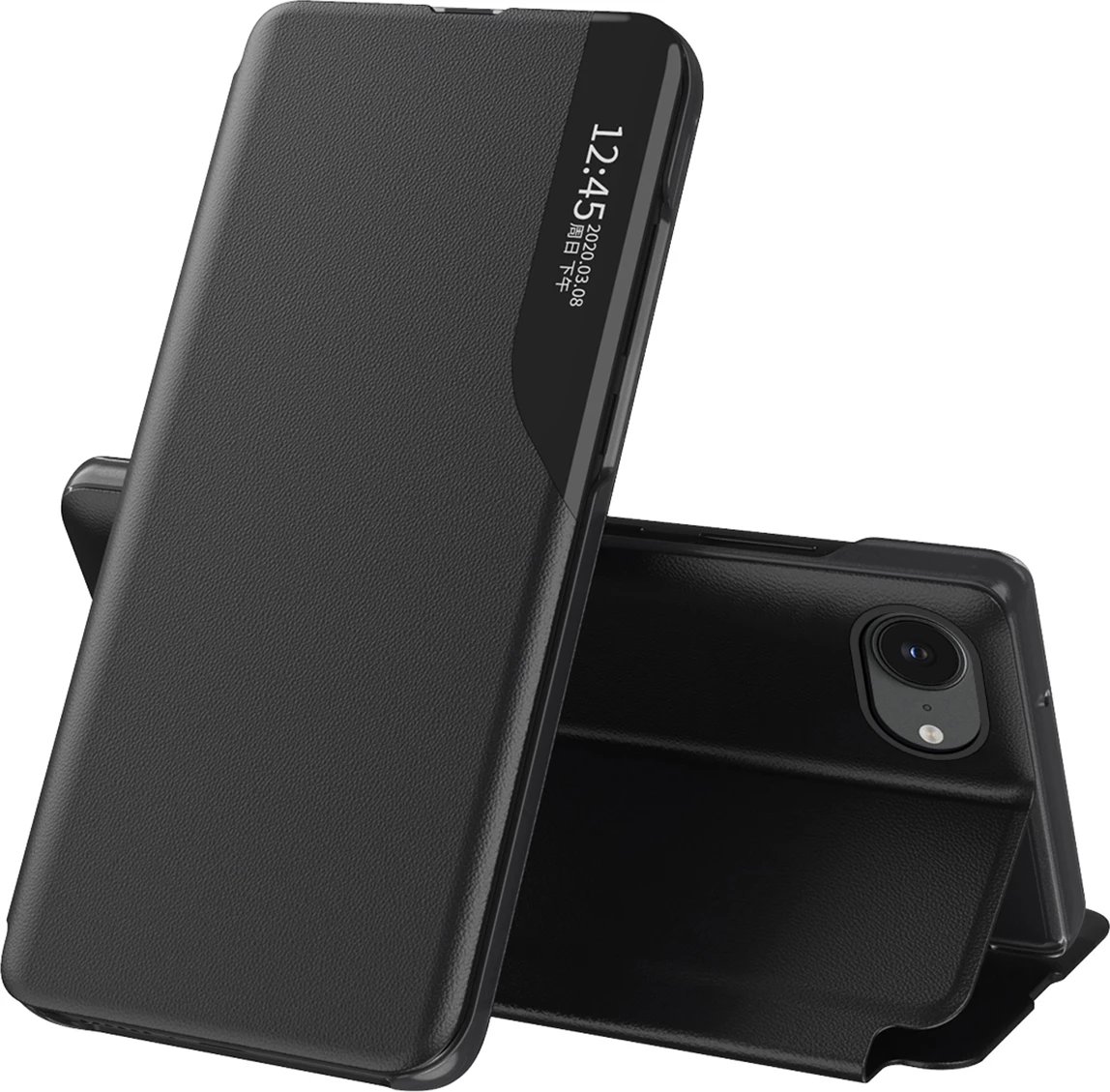 Mbështjellës Hurtel Eco Leather View Case për iPhone 16e, me kapak dhe mbajtëse, i zi